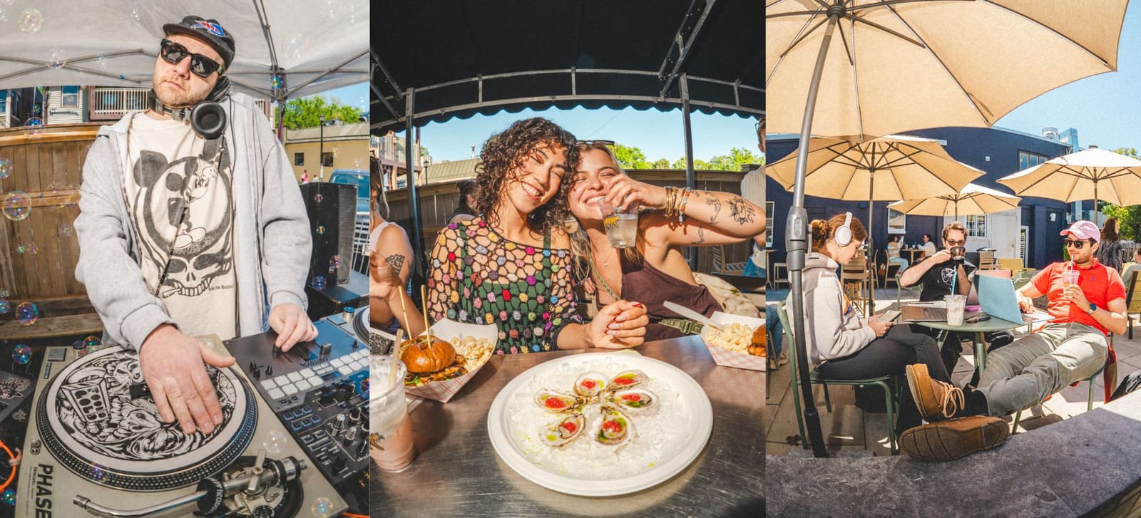 The Coop patio. A DJ and bubbles, oysters, and umbrellas