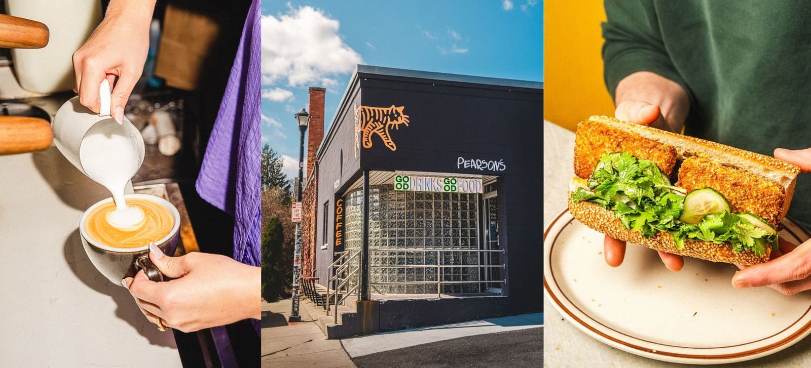 A latte poured in a ceramic cup, the storefront, and a sesame hoagie